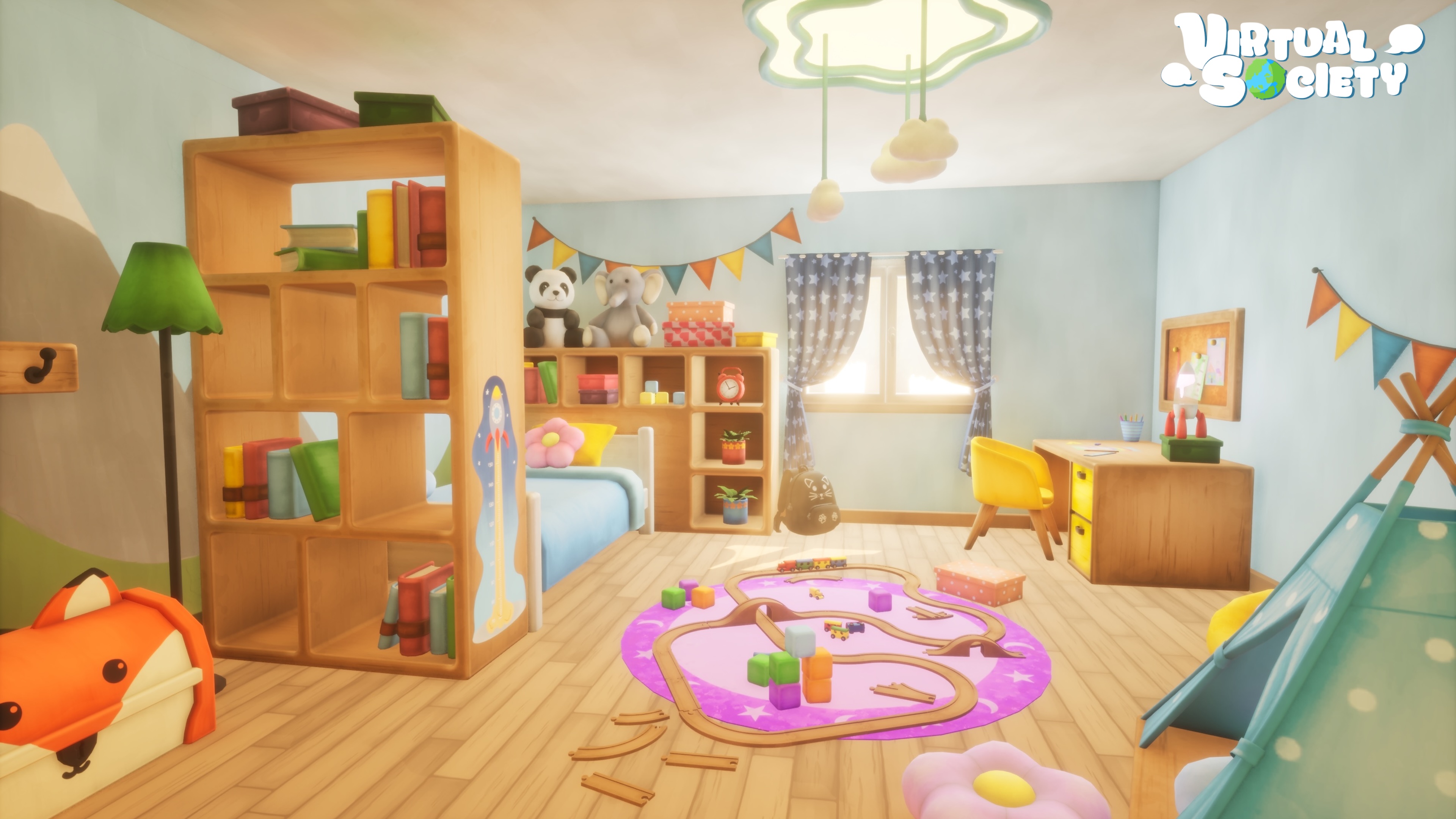 VirtualSociety gameplay showing a player-built world with characters and interactions.